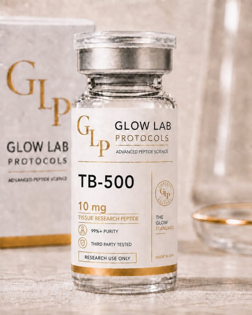 TB-500 10 mg research peptide vial by Glow Lab Protocols